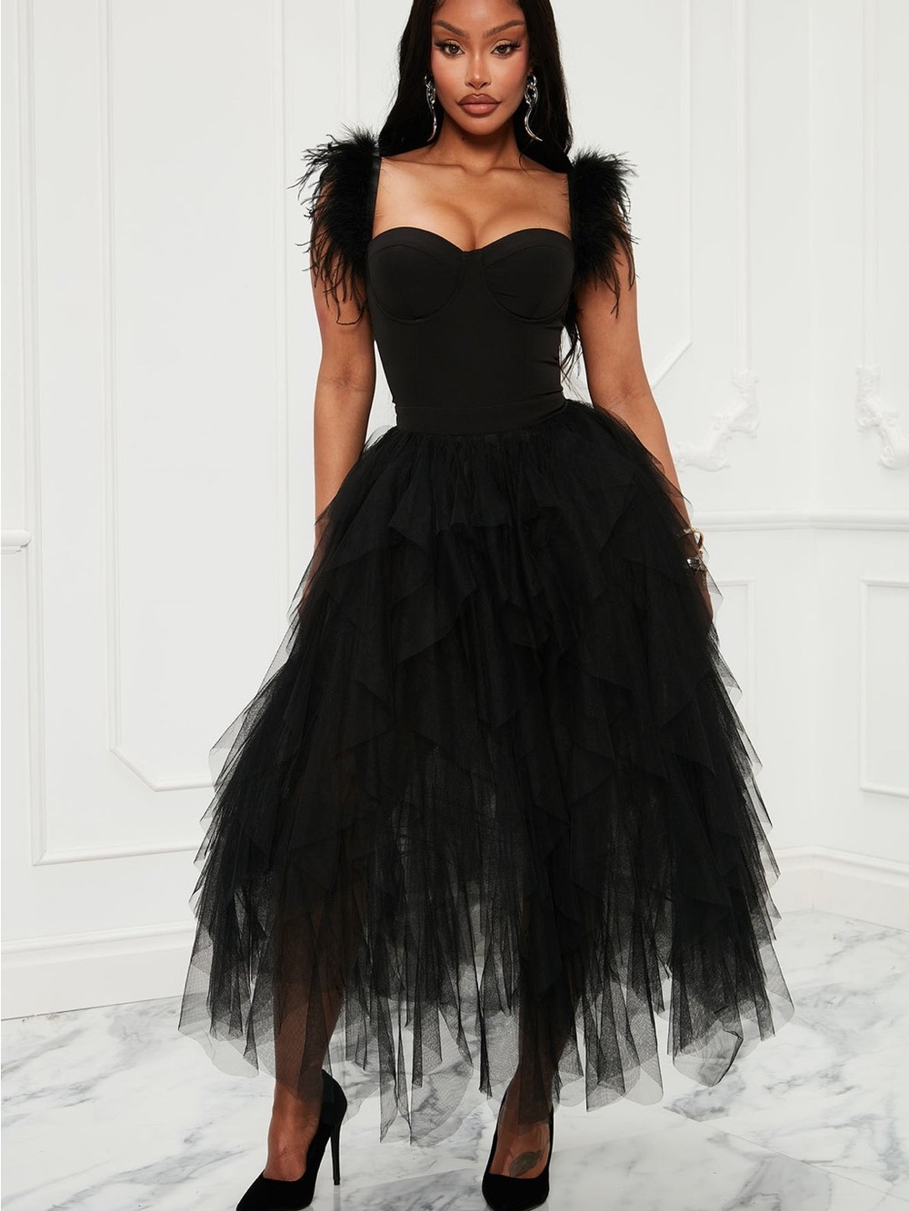 Fashion Nova Black Feather Strap Midi Tulle Dress